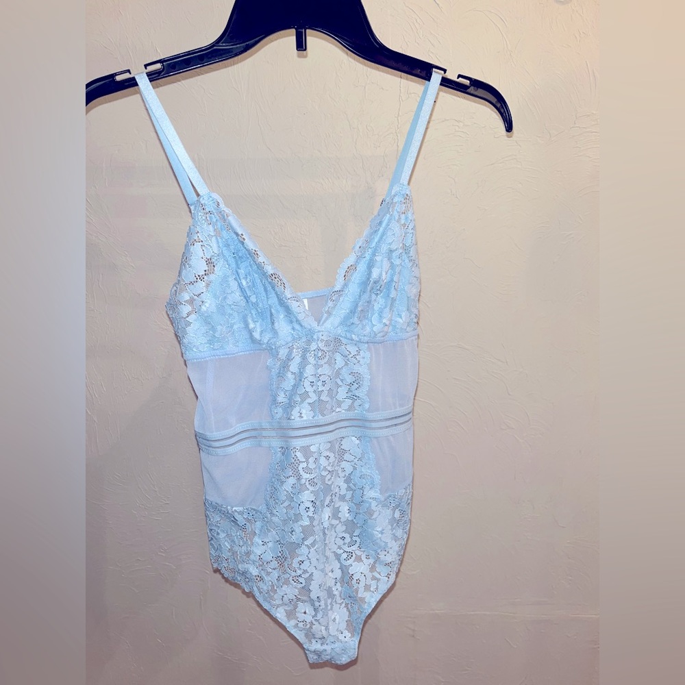 Lace mesh light blue bodysuit
